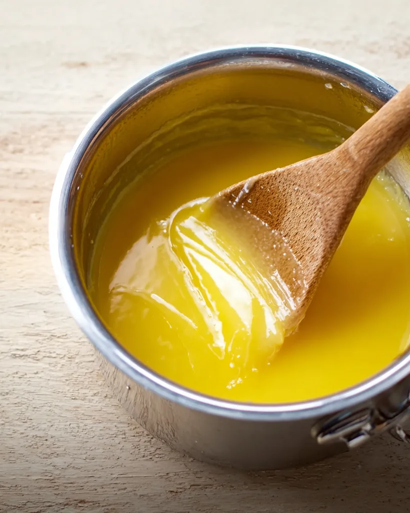 Testing keto lemon curd on the back of a spoon for doneness