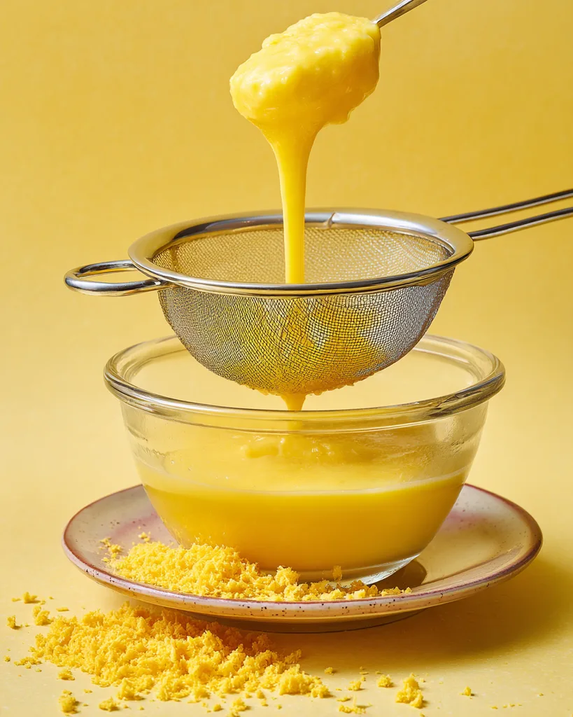 Straining homemade lemon curd through a fine mesh sieve