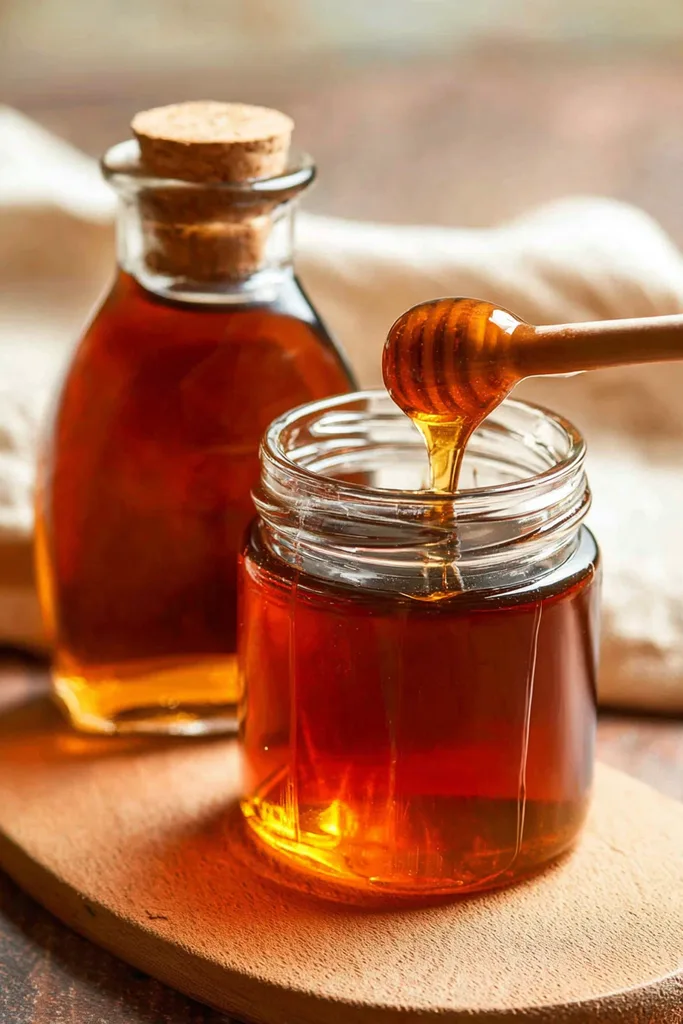 Sugar-free maple syrup in a glass bottle and jar