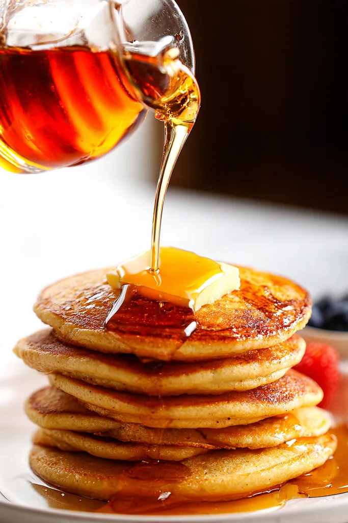 Keto maple syrup pouring over a stack of almond flour pancakes
