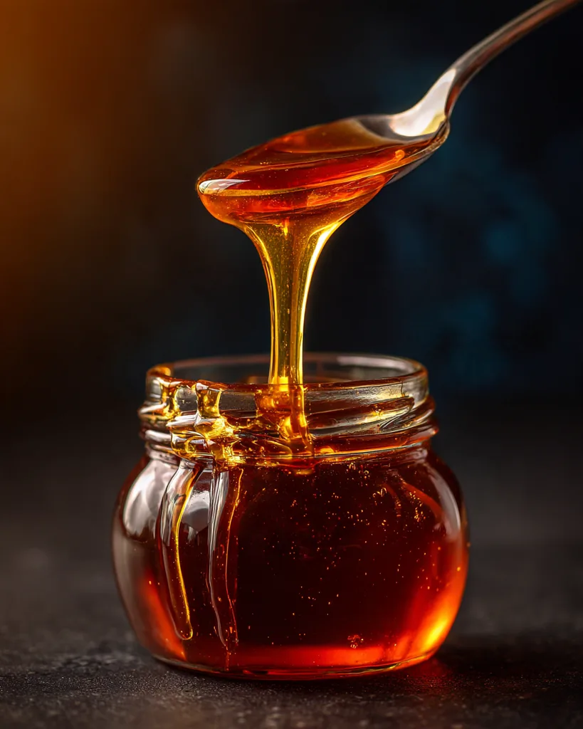 Thick sugar-free syrup falling in a ribbon from a spoon