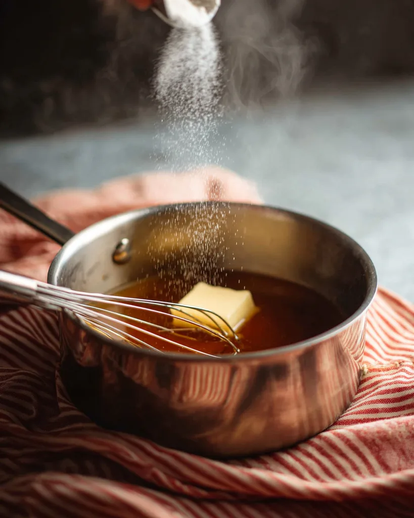 Sprinkling xanthan gum over hot keto syrup before whisking