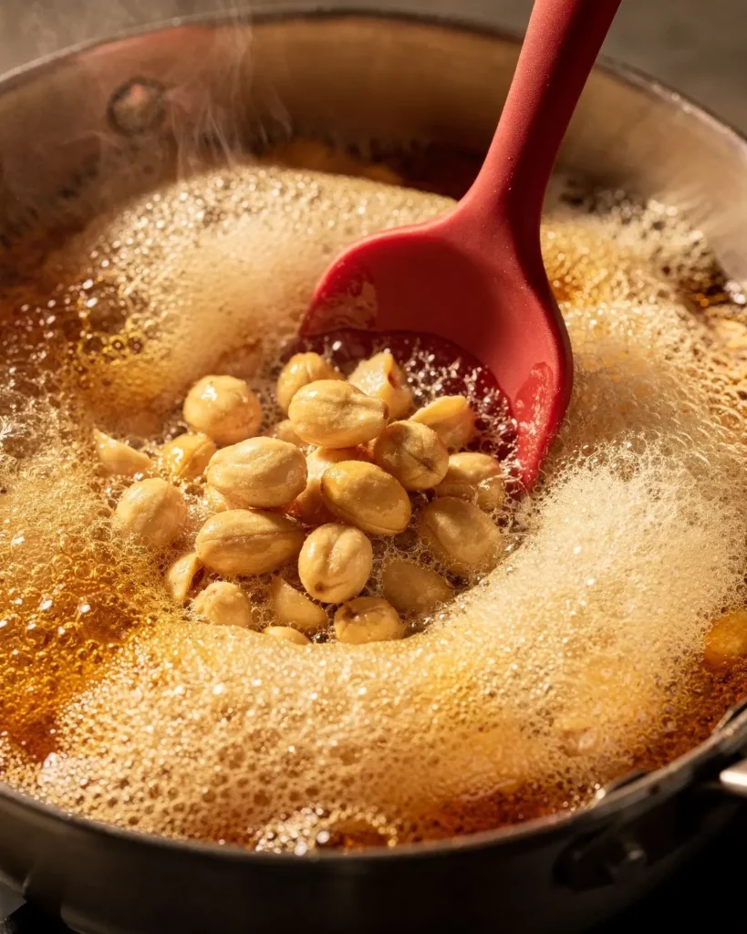 Brittle syrup foaming pale after baking soda is stirred in, with peanuts being folded through