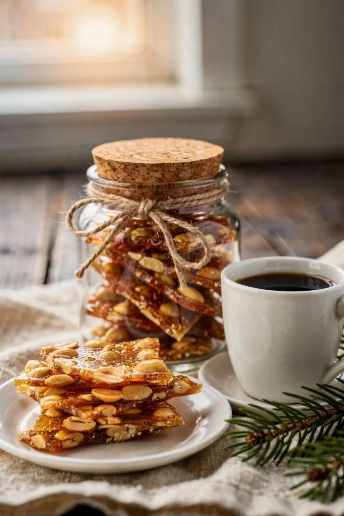 Jar of homemade low carb peanut brittle tied with twine beside a cup of coffee