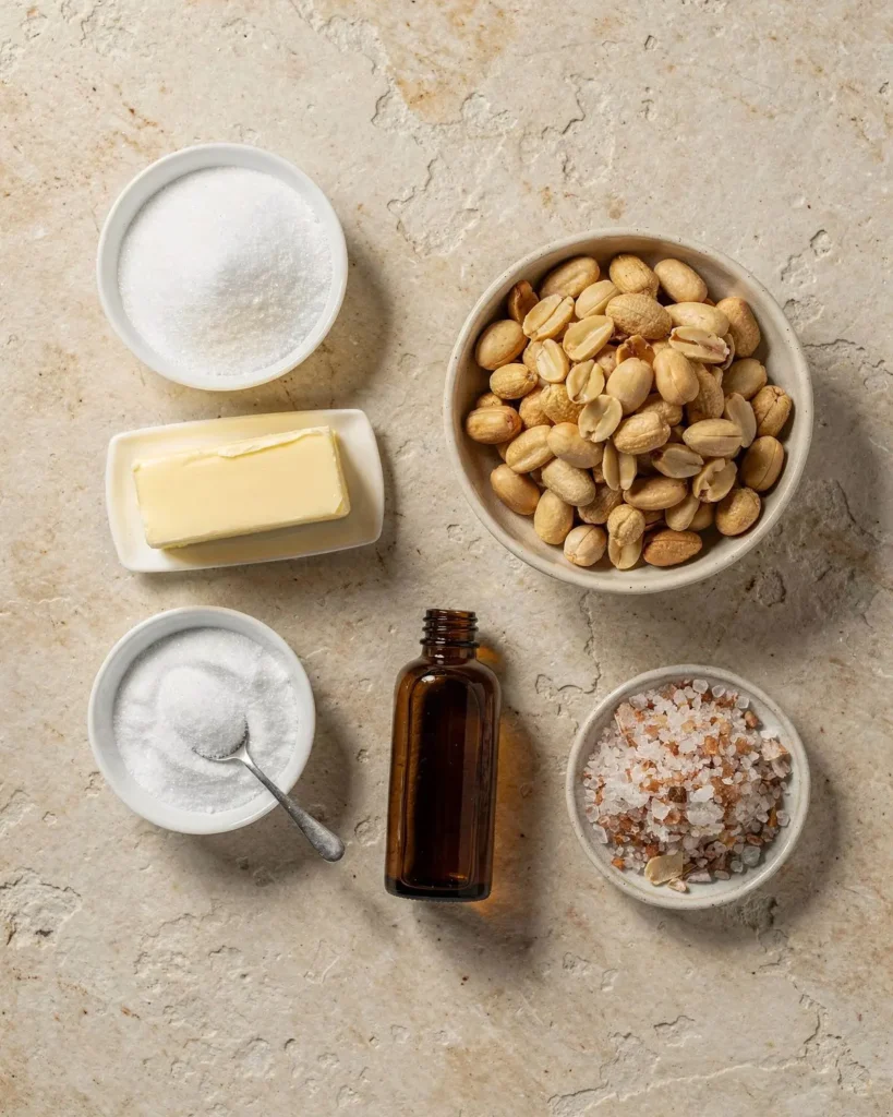 Allulose, butter, roasted peanuts, baking soda, vanilla and sea salt for peanut brittle