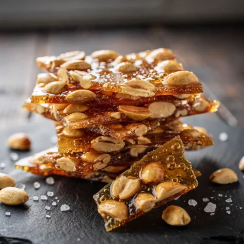 Glossy shards of keto peanut brittle stacked on a slate board with one snapped in half