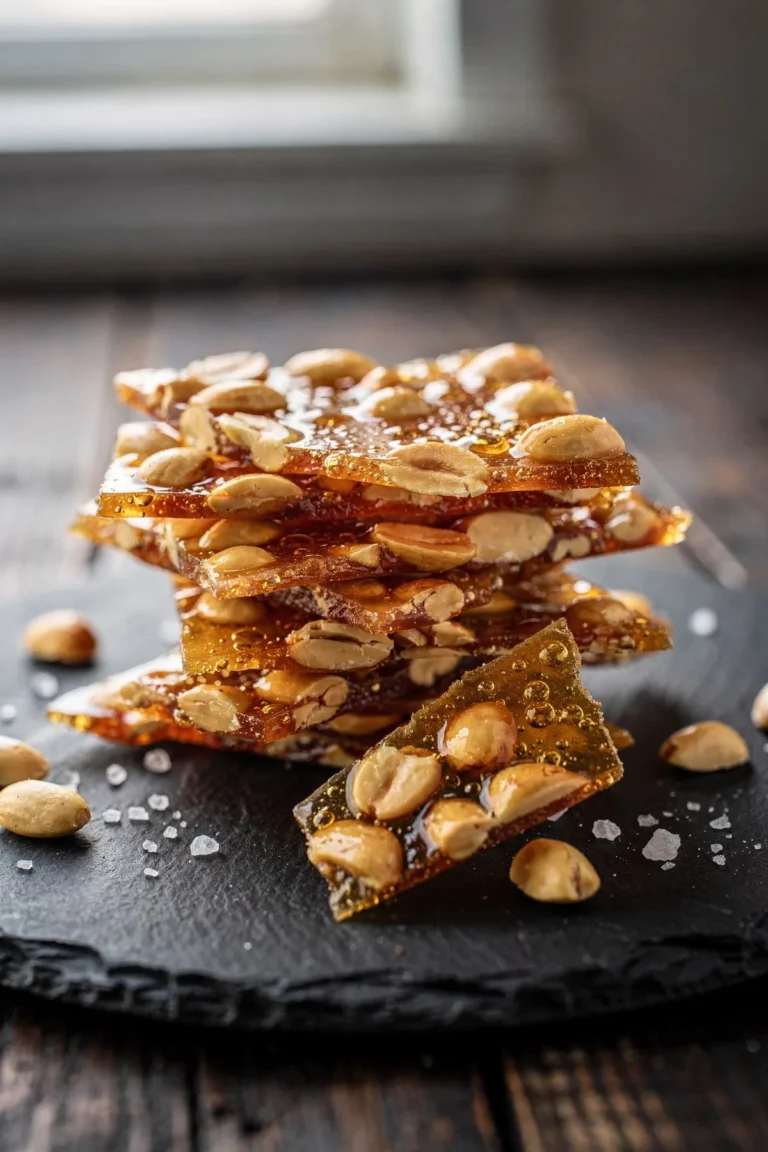Glossy shards of keto peanut brittle stacked on a slate board with one snapped in half