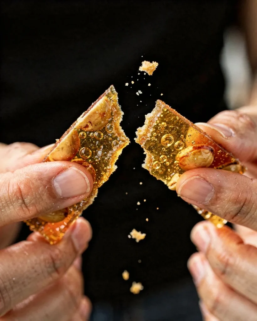 Hands snapping a piece of brittle to show the airy, glassy break