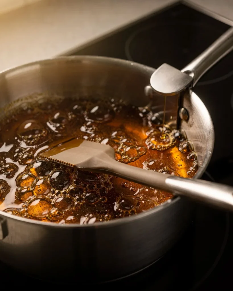 Deep amber syrup bubbling in a saucepan with a candy thermometer clipped to the side