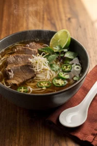 Bowl of keto pho with sliced beef, shirataki noodles, Thai basil, jalapeno and lime