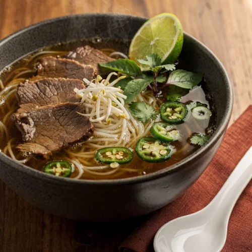 Bowl of keto pho with sliced beef, shirataki noodles, Thai basil, jalapeno and lime