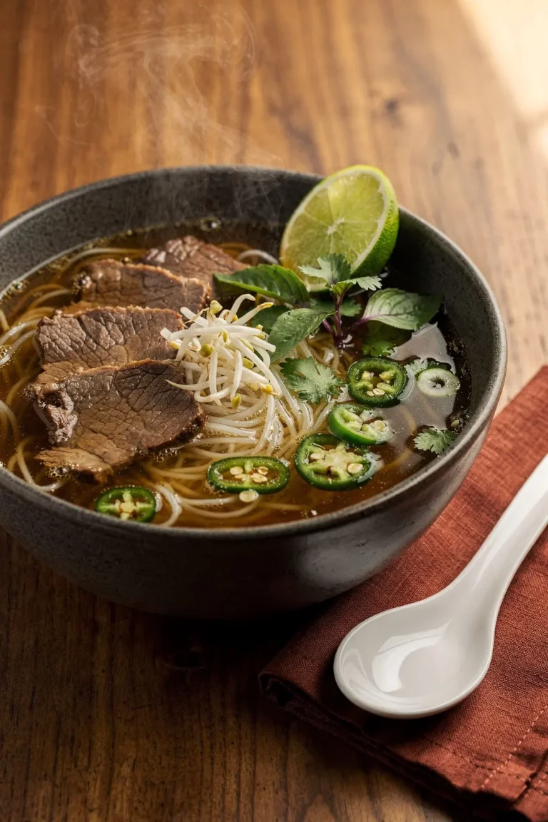 Bowl of keto pho with sliced beef, shirataki noodles, Thai basil, jalapeno and lime