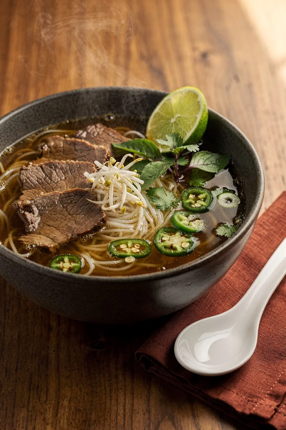 Bowl of keto pho with sliced beef, shirataki noodles, Thai basil, jalapeno and lime