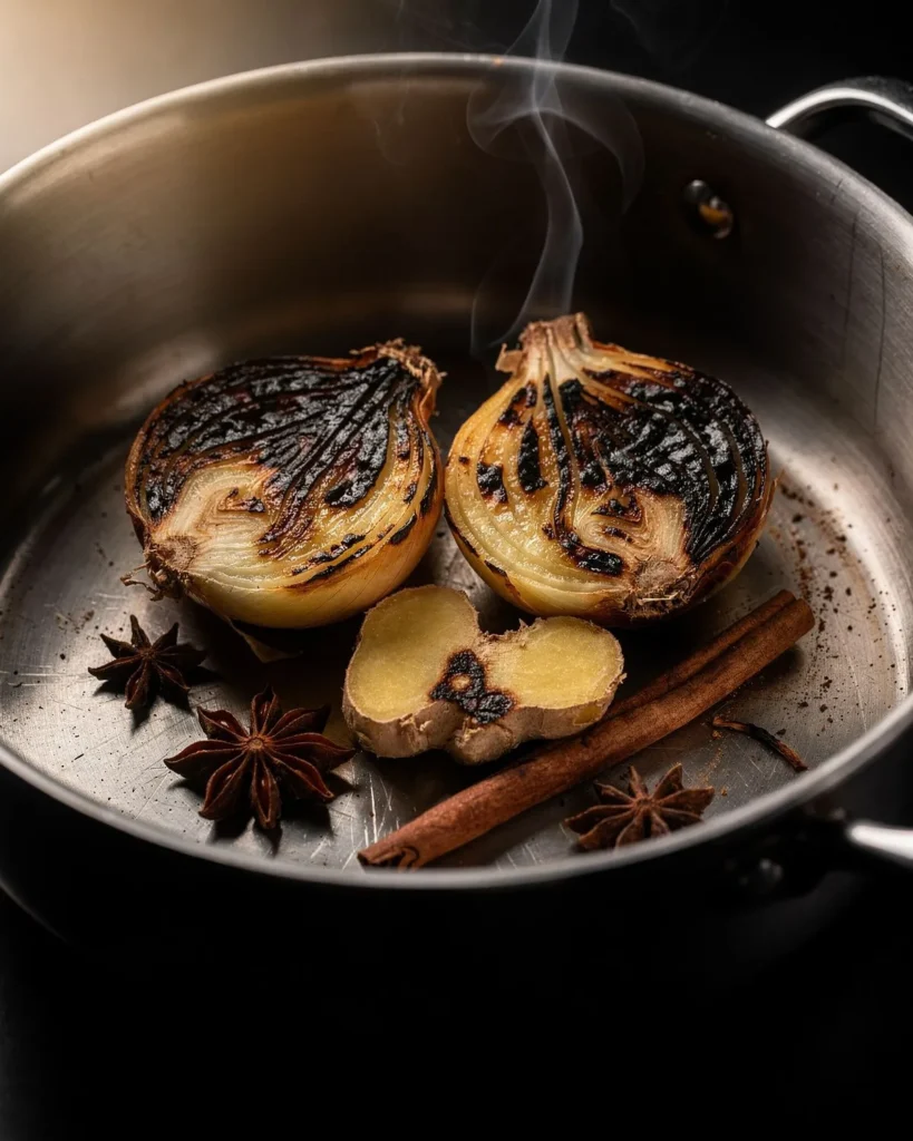 Onion and ginger halves charred black in a steel pot with star anise and cinnamon