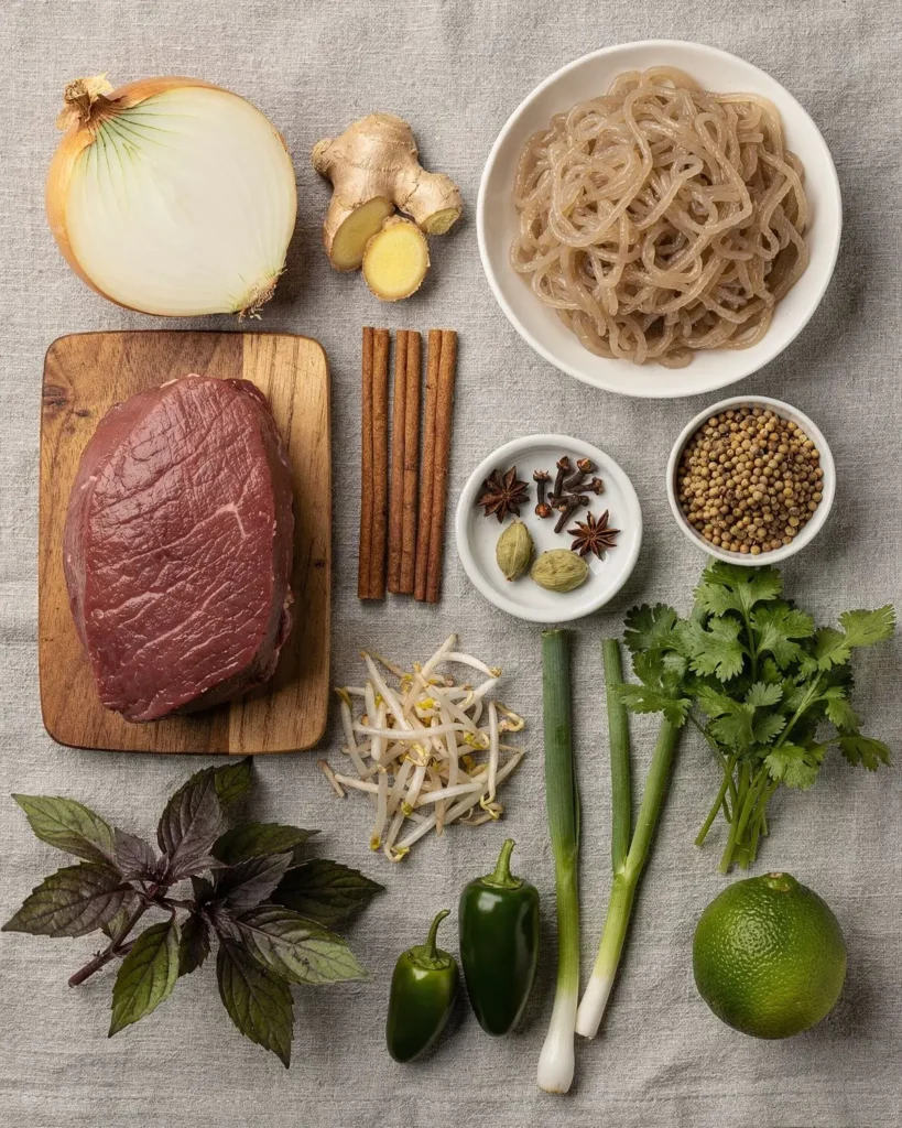 Onion, ginger, star anise, cinnamon, raw beef, shirataki noodles and fresh herbs for pho