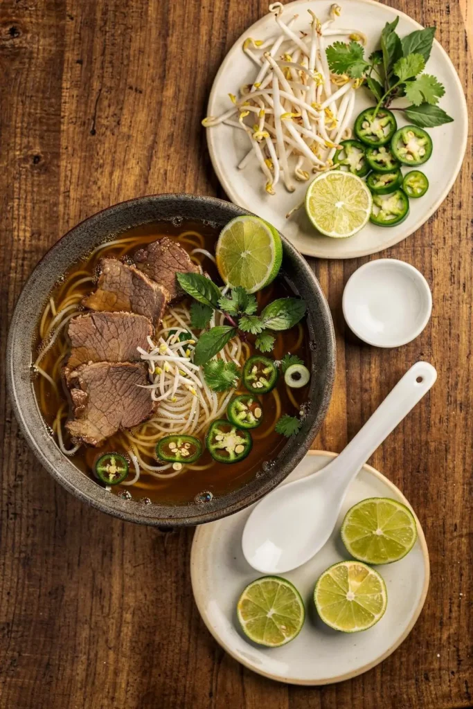 Overhead bowl of low carb beef pho with bean sprouts, jalapeno, herbs and lime on the side