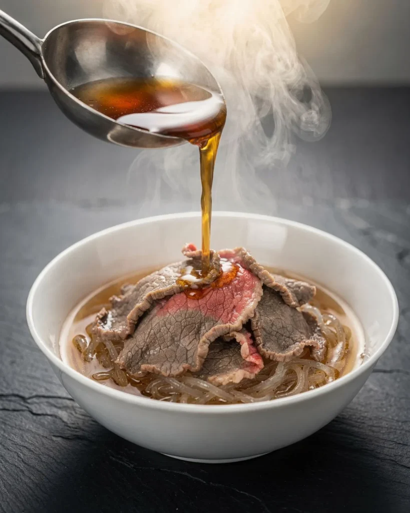 Ladling hot broth over thin beef slices and shirataki noodles in a white bowl