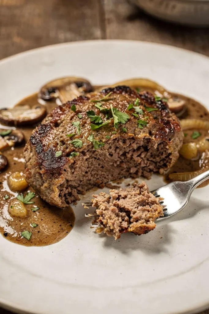 Cut Salisbury steak patty with a bite on a fork, showing a juicy cooked center under mushroom gravy