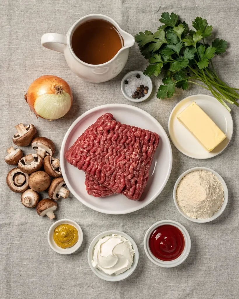 Ground beef, cremini mushrooms, onion, butter, cream cheese and almond flour for Salisbury steak