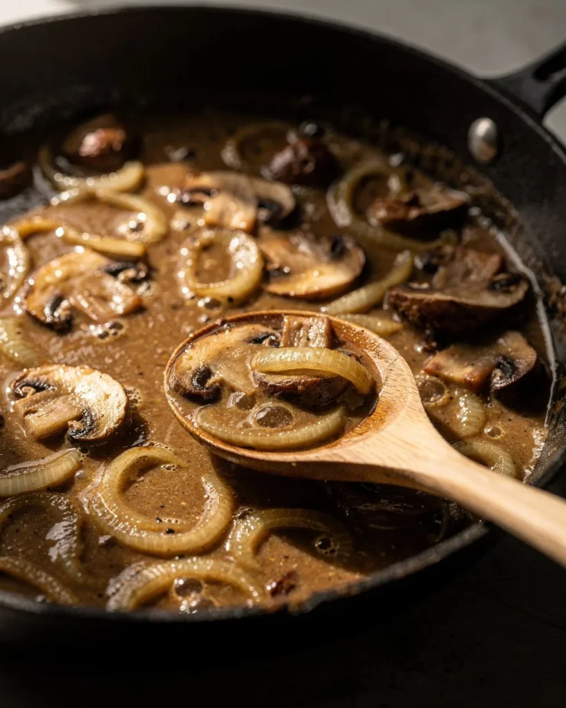 Onion and mushroom gravy reducing in a skillet with a wooden spoon
