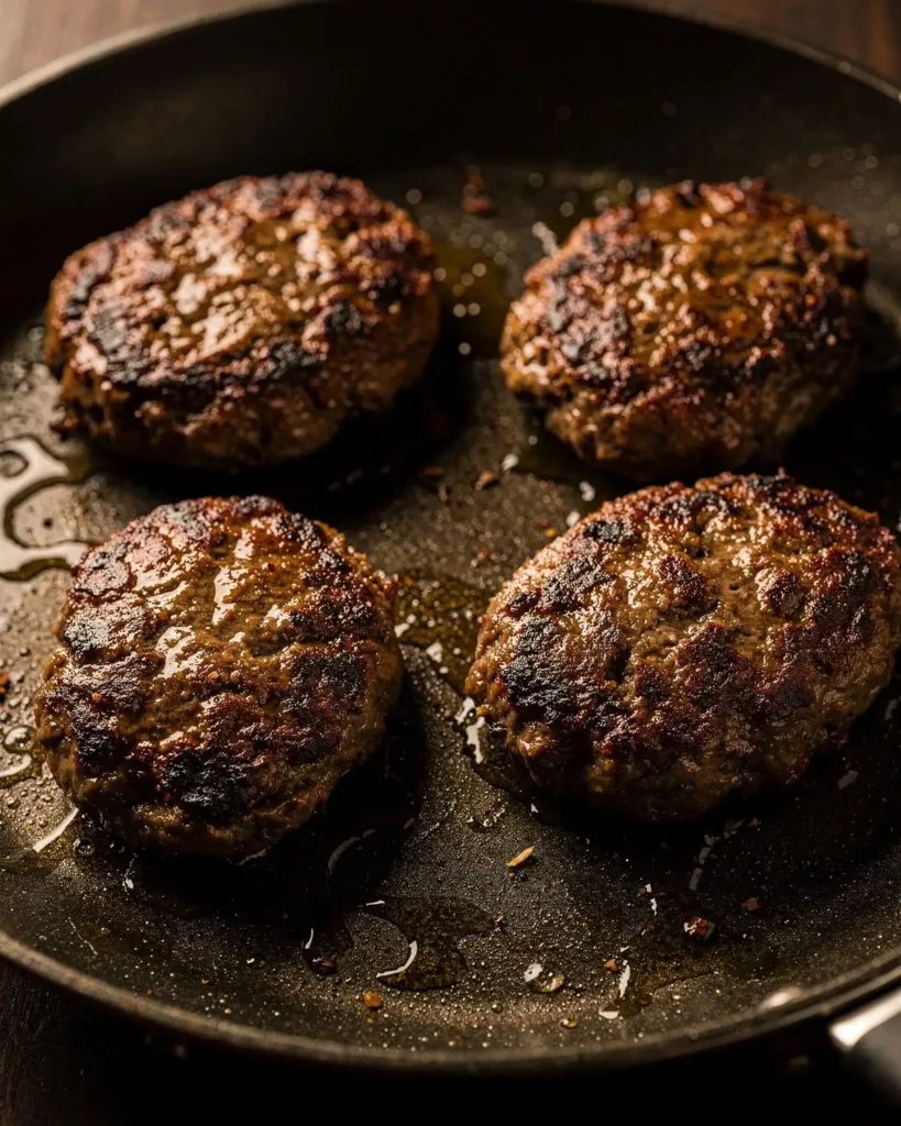 Four browned oval beef patties searing in a dark skillet