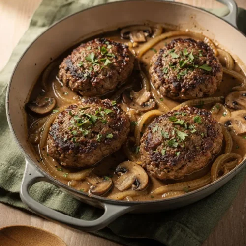 Keto Salisbury steak patties in a skillet with onion mushroom gravy and parsley