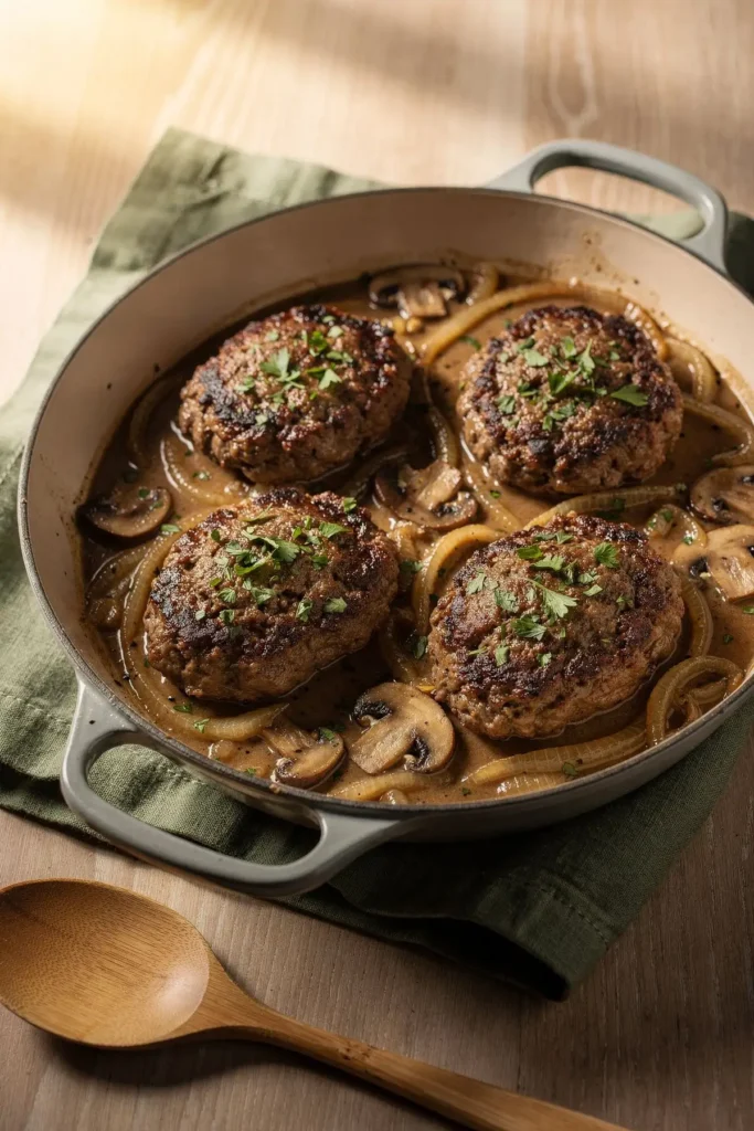 Keto Salisbury steak patties in a skillet with onion mushroom gravy and parsley
