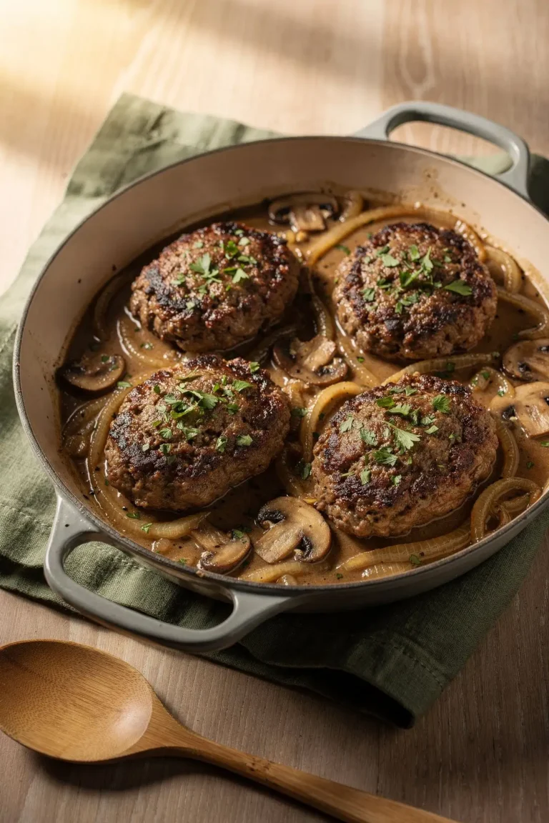 Keto Salisbury steak patties in a skillet with onion mushroom gravy and parsley