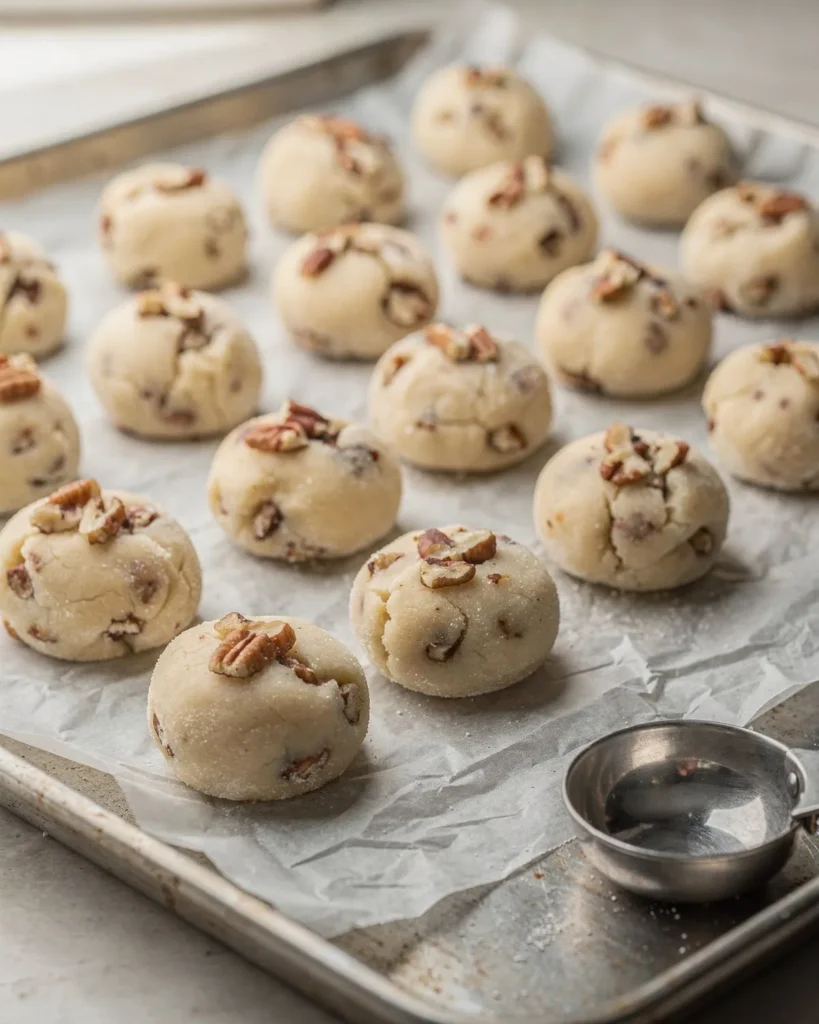 Rolled snowball cookie dough balls on a lined baking sheet before baking