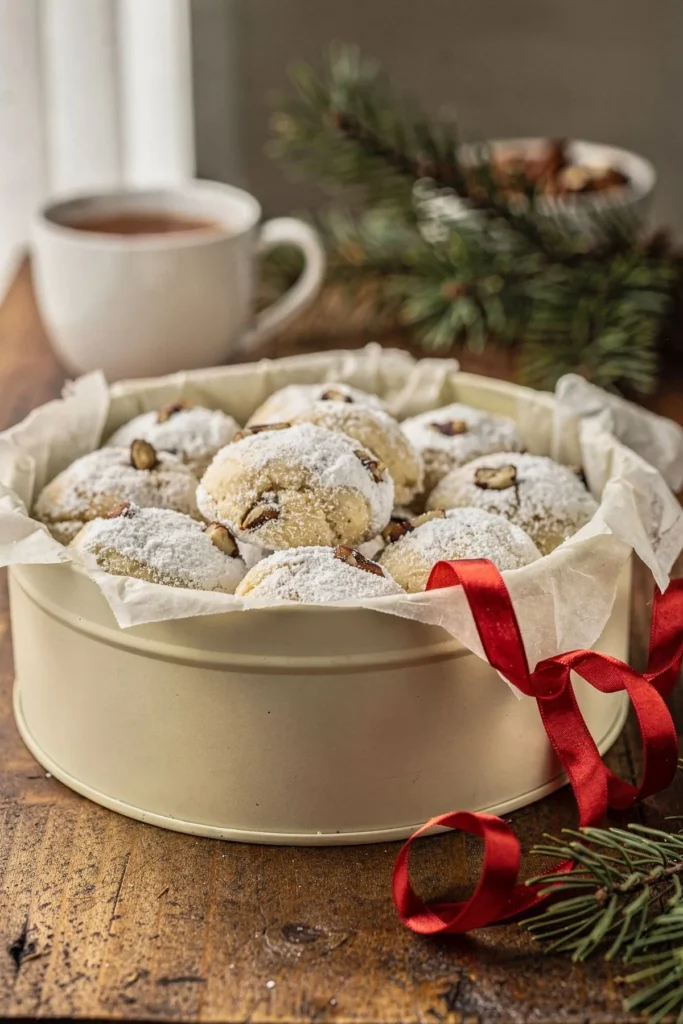 Tin of low carb snowball cookies with a ribbon, ready to give as a gift