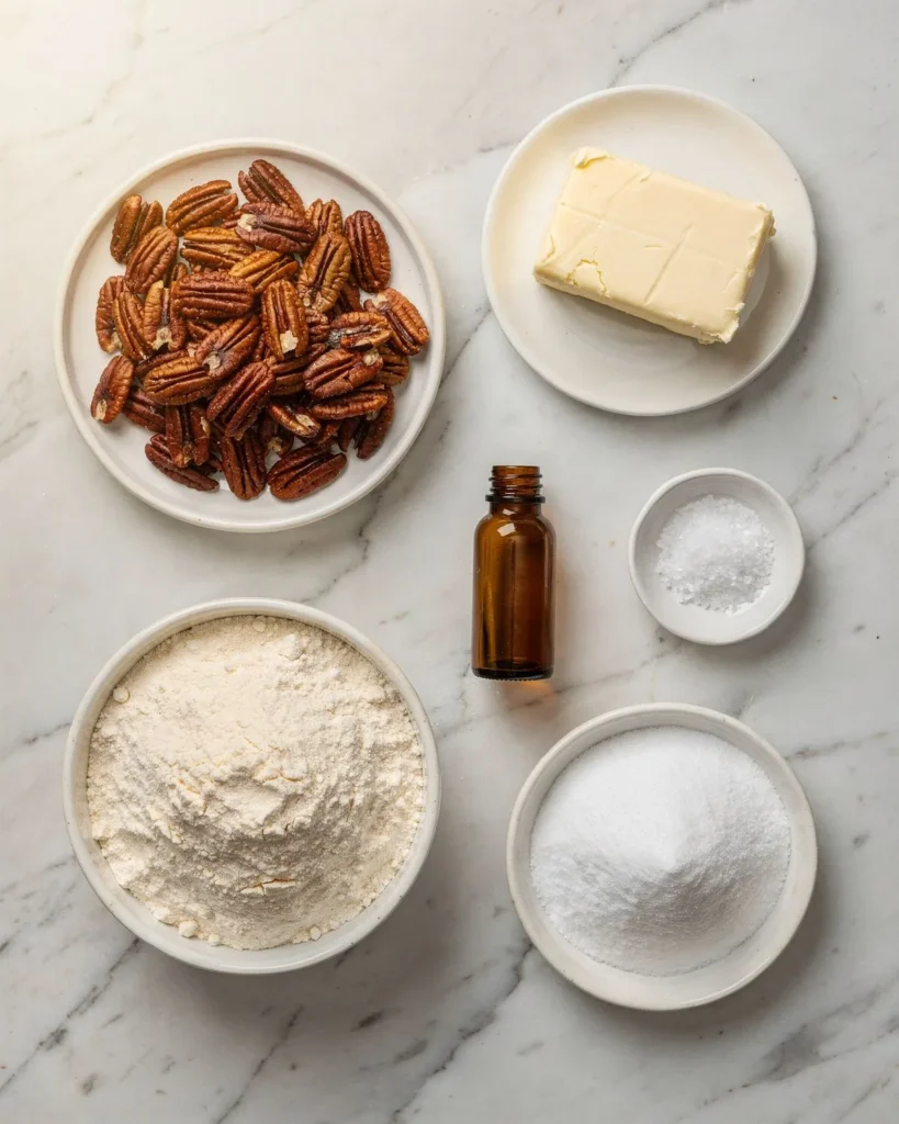 Pecans, butter, almond flour and powdered sweetener for snowball cookies
