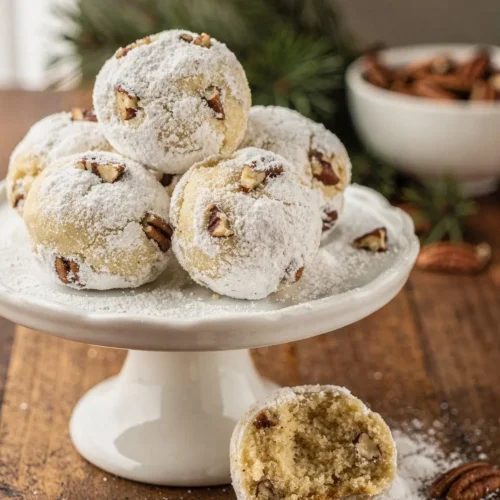 Keto snowball cookies on a white cake stand with one broken open to show the pecan crumb