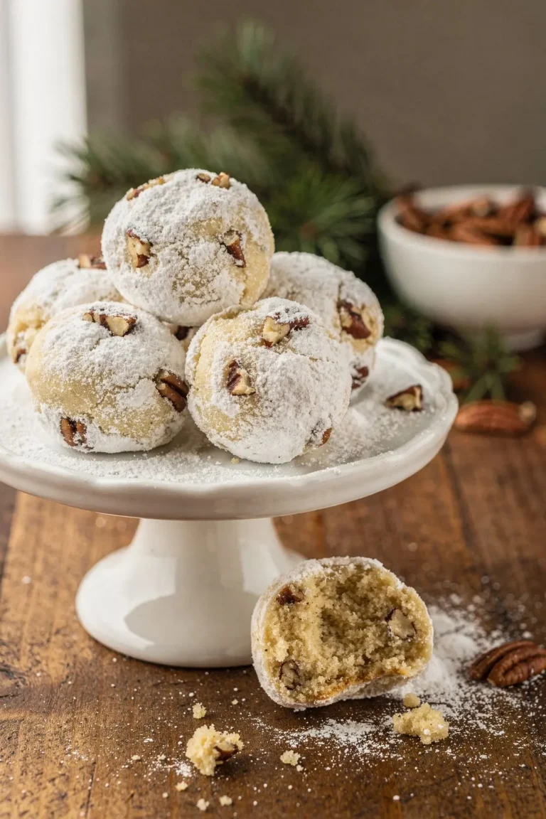 Keto snowball cookies on a white cake stand with one broken open to show the pecan crumb