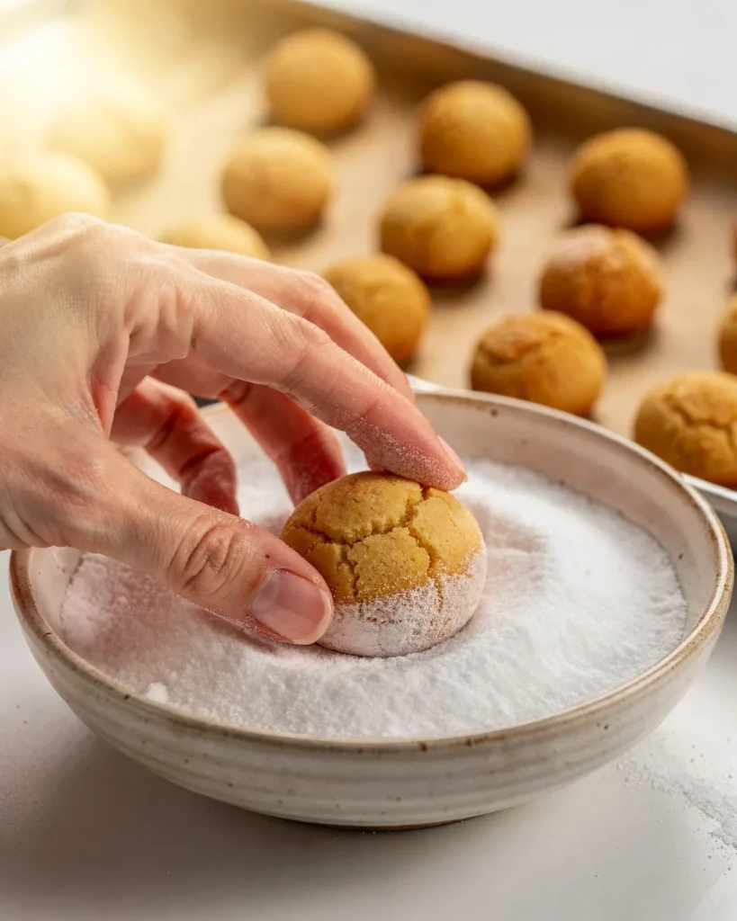 Rolling a warm cookie in powdered sweetener for the first coat