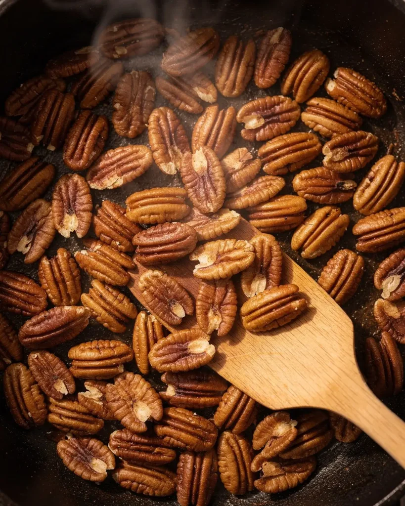 Toasting pecan halves in a dry pan with a wooden spatula