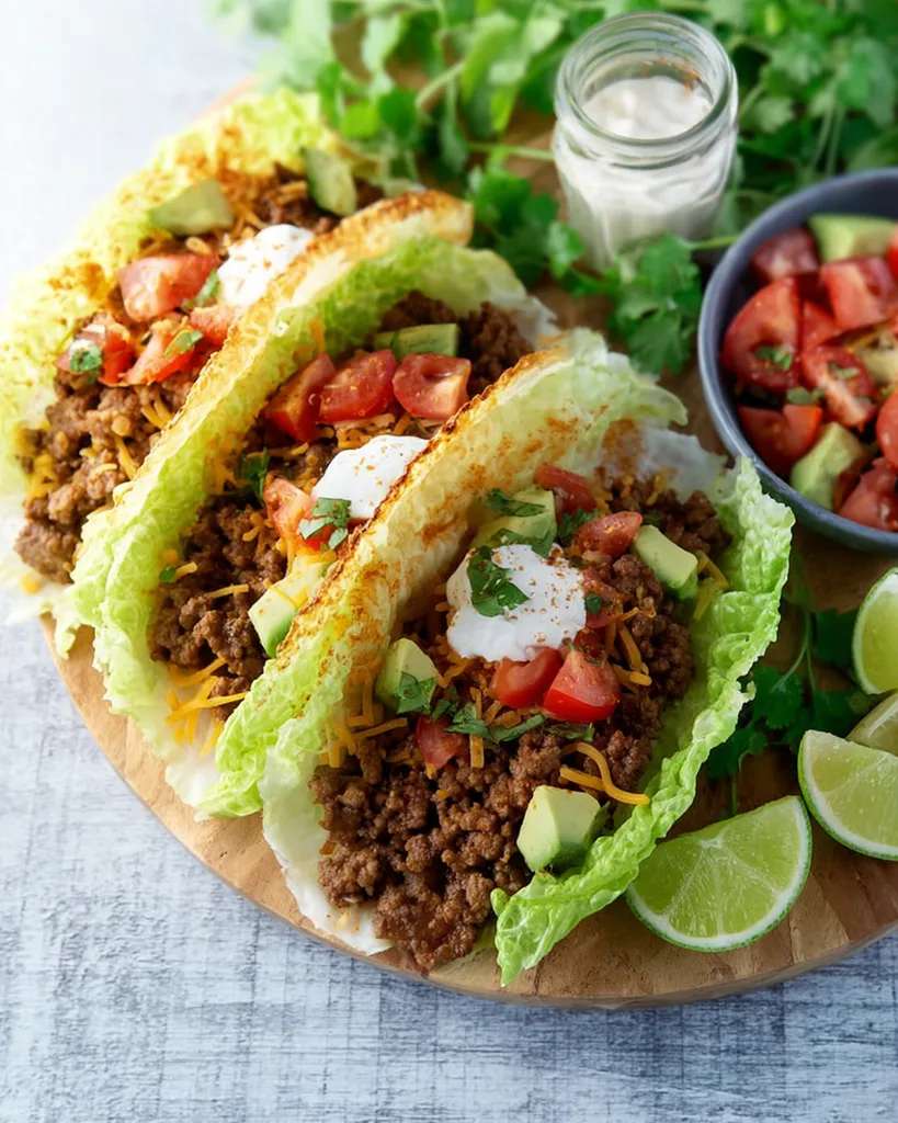 Lettuce cup tacos filled with beef seasoned with keto taco seasoning