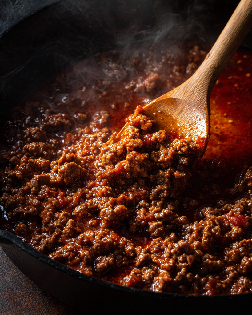 Saucy taco meat made with keto taco seasoning in a skillet