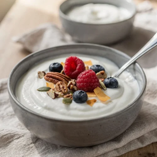 Bowl of thick keto yogurt topped with berries, pecans, pumpkin seeds and coconut