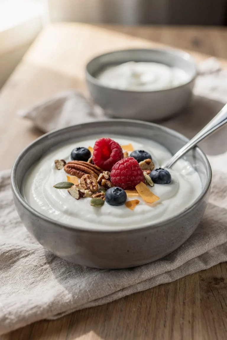 Bowl of thick keto yogurt topped with berries, pecans, pumpkin seeds and coconut