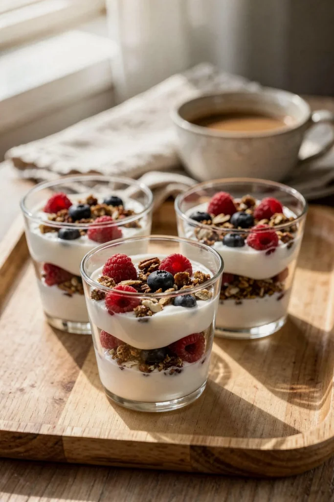 Glasses of low carb yogurt layered with berries and nut granola for breakfast