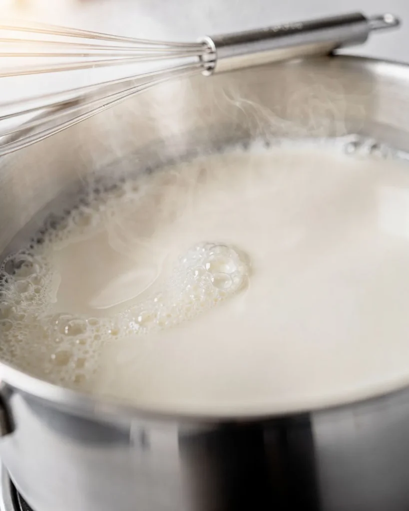 Milk and cream heated until steaming, with a thin skin starting to form at the edge
