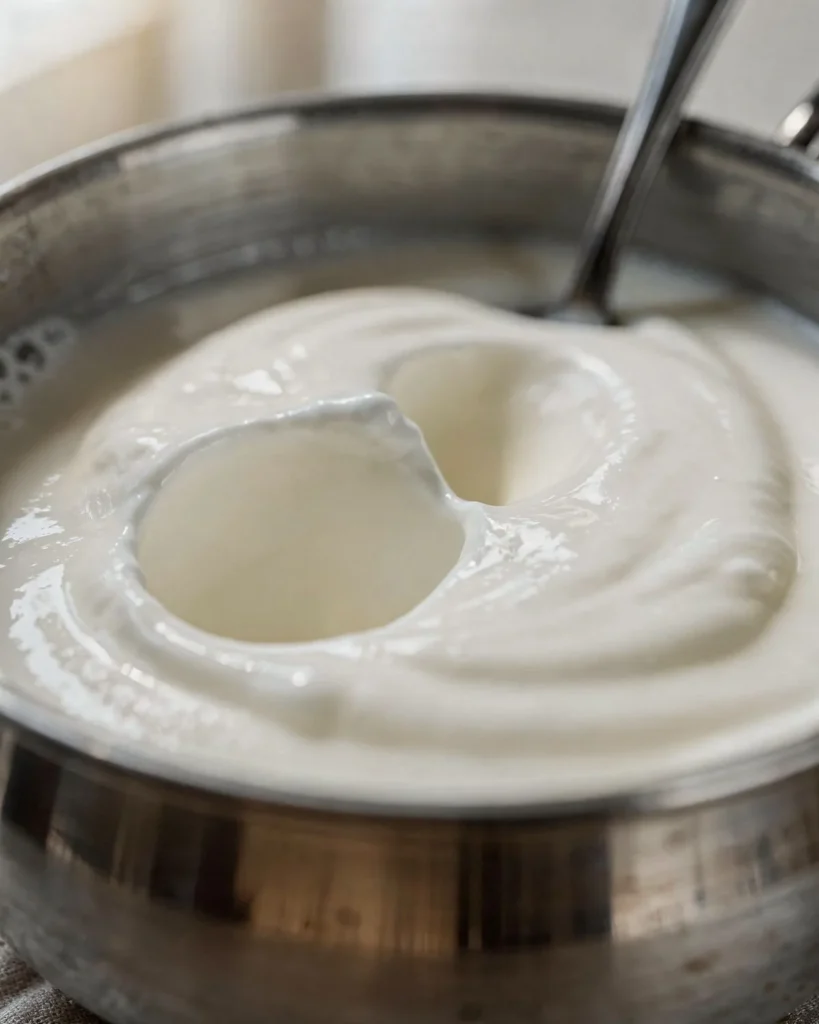 A spoon standing upright in thick chilled homemade yogurt